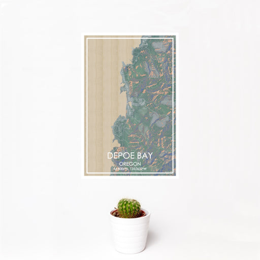 12x18 Depoe Bay Oregon Map Print Portrait Orientation in Afternoon Style With Small Cactus Plant in White Planter