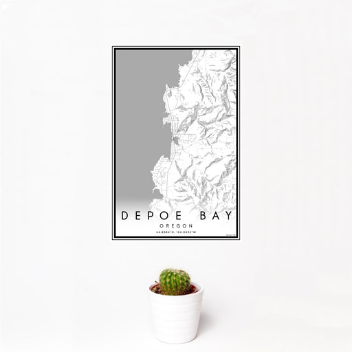 12x18 Depoe Bay Oregon Map Print Portrait Orientation in Classic Style With Small Cactus Plant in White Planter