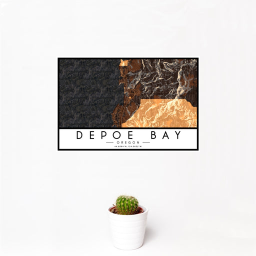 12x18 Depoe Bay Oregon Map Print Landscape Orientation in Ember Style With Small Cactus Plant in White Planter