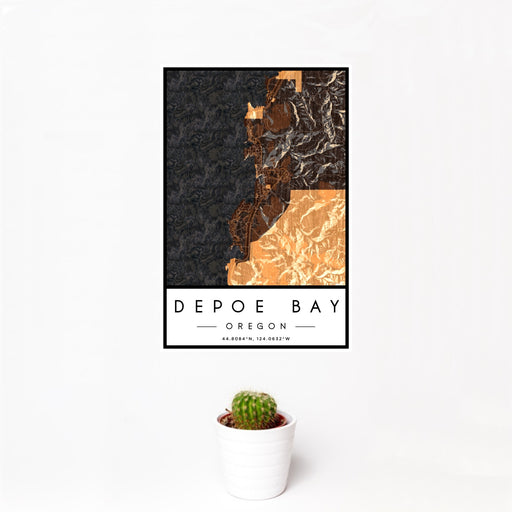 12x18 Depoe Bay Oregon Map Print Portrait Orientation in Ember Style With Small Cactus Plant in White Planter