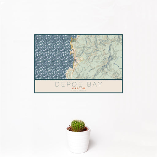 12x18 Depoe Bay Oregon Map Print Landscape Orientation in Woodblock Style With Small Cactus Plant in White Planter