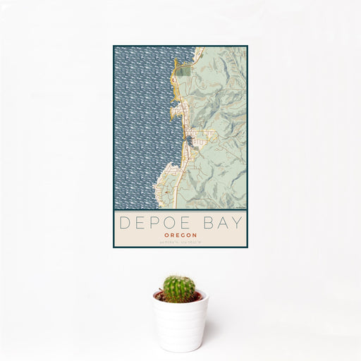 12x18 Depoe Bay Oregon Map Print Portrait Orientation in Woodblock Style With Small Cactus Plant in White Planter