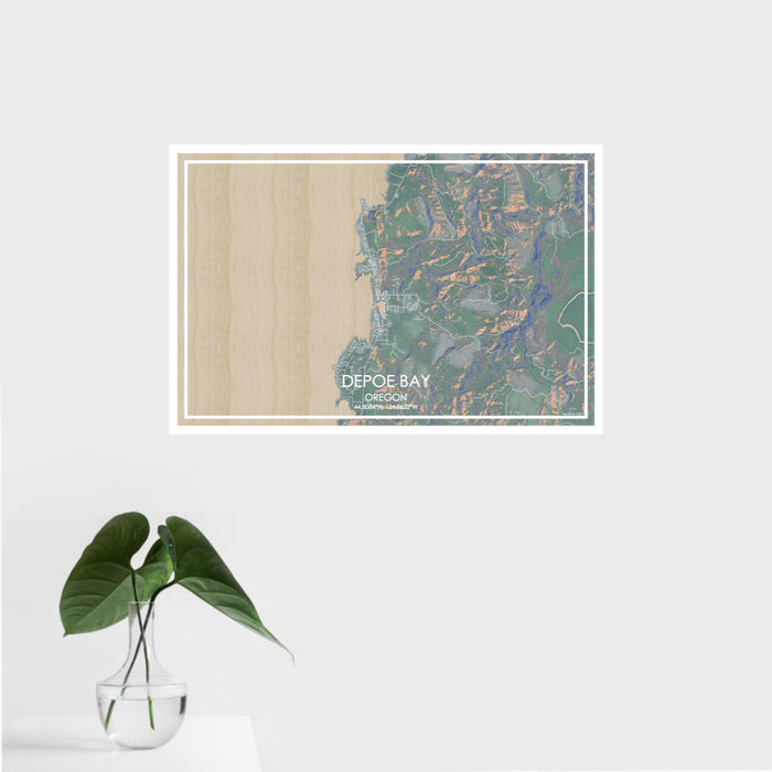 16x24 Depoe Bay Oregon Map Print Landscape Orientation in Afternoon Style With Tropical Plant Leaves in Water