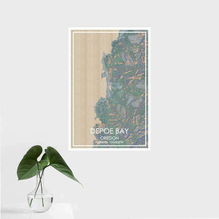 16x24 Depoe Bay Oregon Map Print Portrait Orientation in Afternoon Style With Tropical Plant Leaves in Water