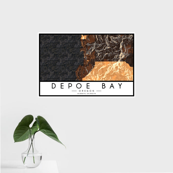 16x24 Depoe Bay Oregon Map Print Landscape Orientation in Ember Style With Tropical Plant Leaves in Water
