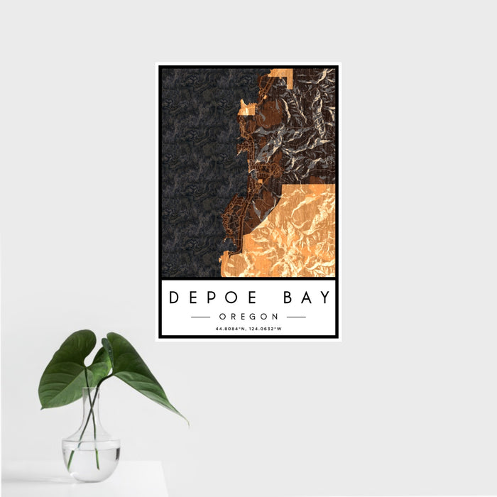 16x24 Depoe Bay Oregon Map Print Portrait Orientation in Ember Style With Tropical Plant Leaves in Water