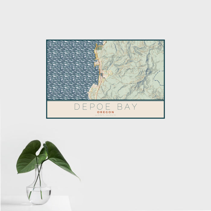16x24 Depoe Bay Oregon Map Print Landscape Orientation in Woodblock Style With Tropical Plant Leaves in Water
