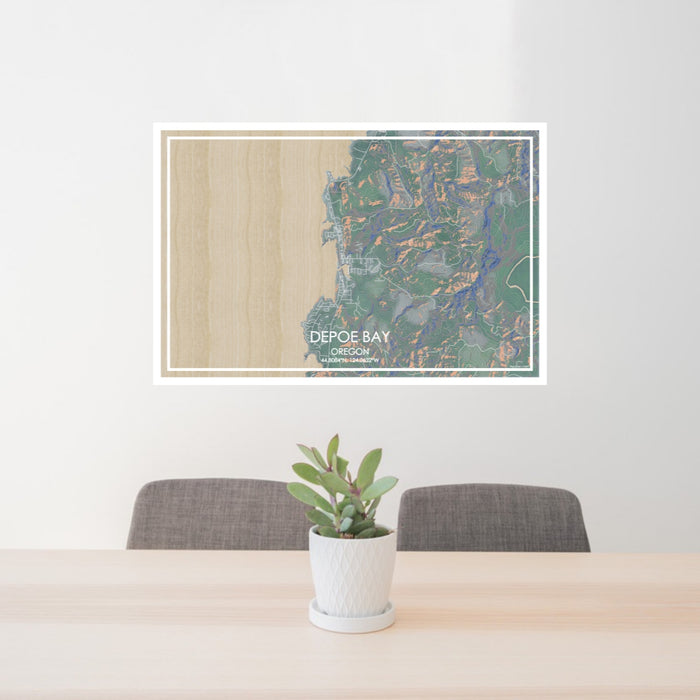 24x36 Depoe Bay Oregon Map Print Lanscape Orientation in Afternoon Style Behind 2 Chairs Table and Potted Plant