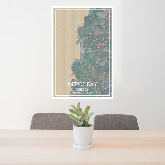 24x36 Depoe Bay Oregon Map Print Portrait Orientation in Afternoon Style Behind 2 Chairs Table and Potted Plant