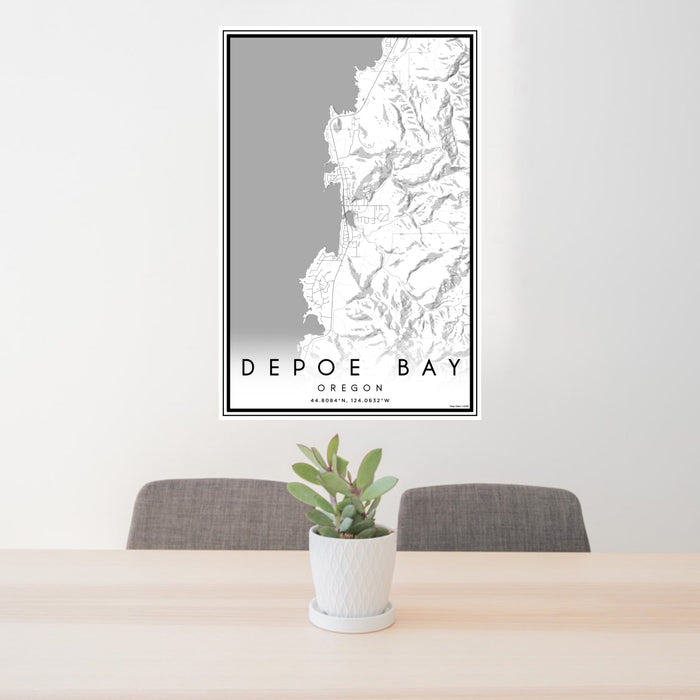 24x36 Depoe Bay Oregon Map Print Portrait Orientation in Classic Style Behind 2 Chairs Table and Potted Plant