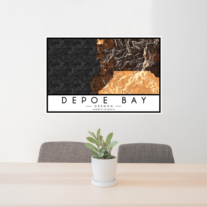 24x36 Depoe Bay Oregon Map Print Lanscape Orientation in Ember Style Behind 2 Chairs Table and Potted Plant