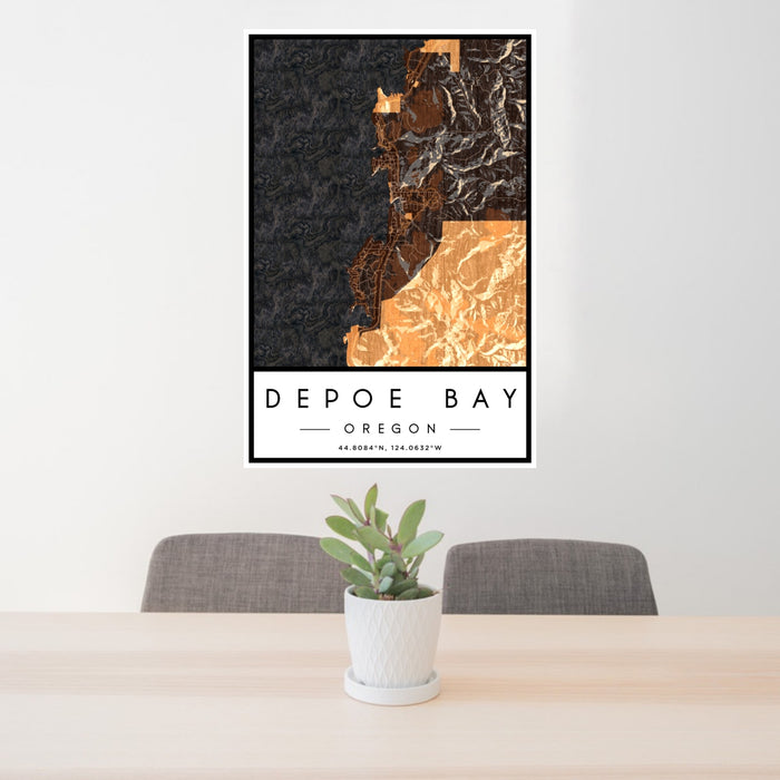 24x36 Depoe Bay Oregon Map Print Portrait Orientation in Ember Style Behind 2 Chairs Table and Potted Plant