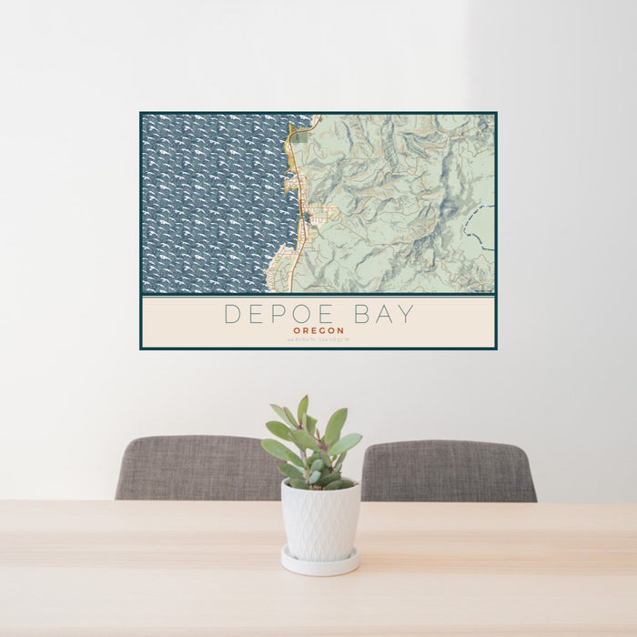 24x36 Depoe Bay Oregon Map Print Lanscape Orientation in Woodblock Style Behind 2 Chairs Table and Potted Plant