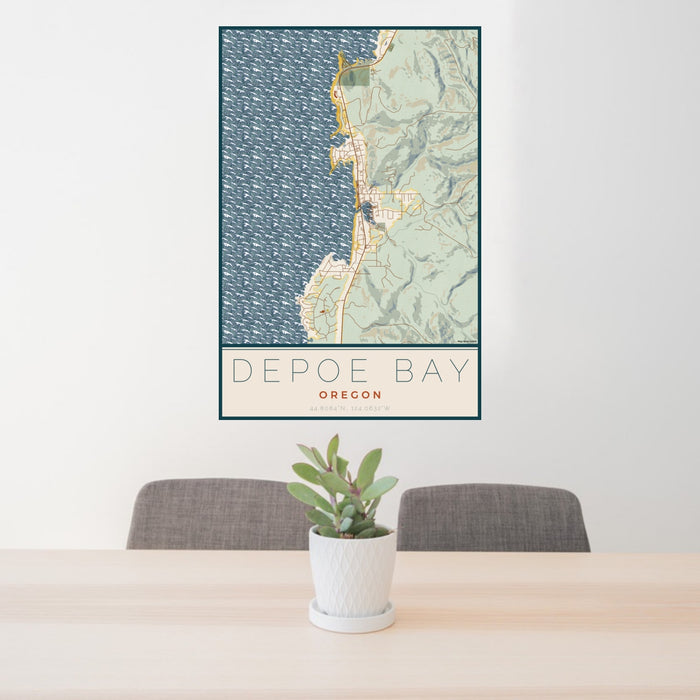24x36 Depoe Bay Oregon Map Print Portrait Orientation in Woodblock Style Behind 2 Chairs Table and Potted Plant