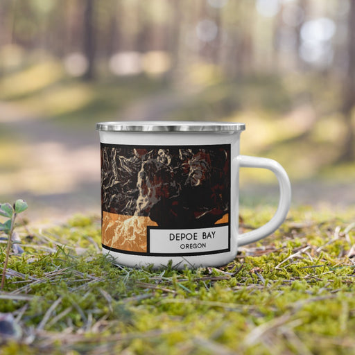 Right View Custom Depoe Bay Oregon Map Enamel Mug in Ember on Grass With Trees in Background