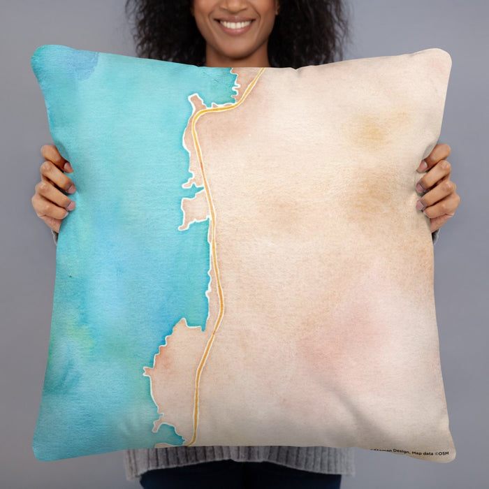 Person holding 22x22 Custom Depoe Bay Oregon Map Throw Pillow in Watercolor