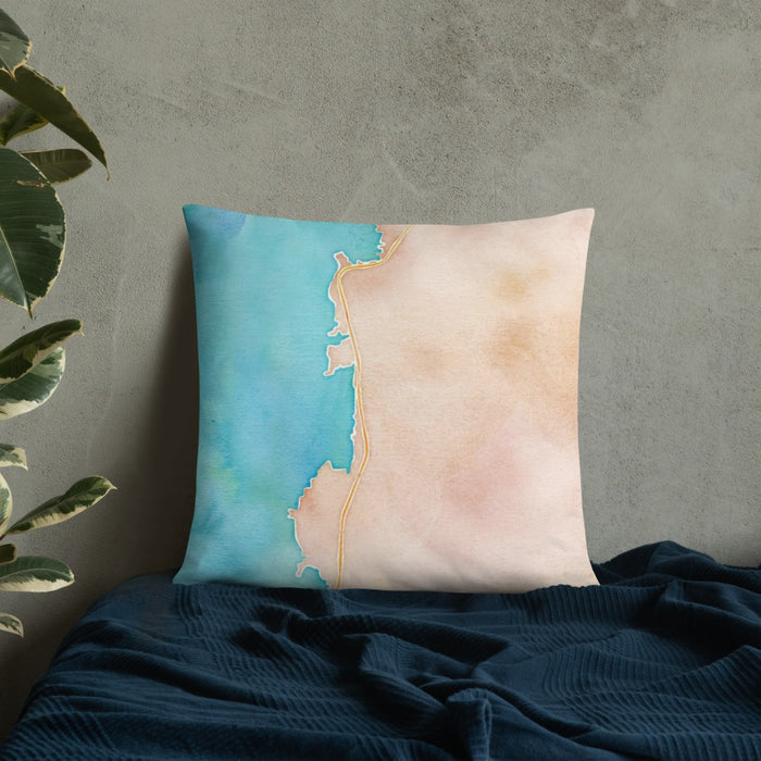 Custom Depoe Bay Oregon Map Throw Pillow in Watercolor on Bedding Against Wall