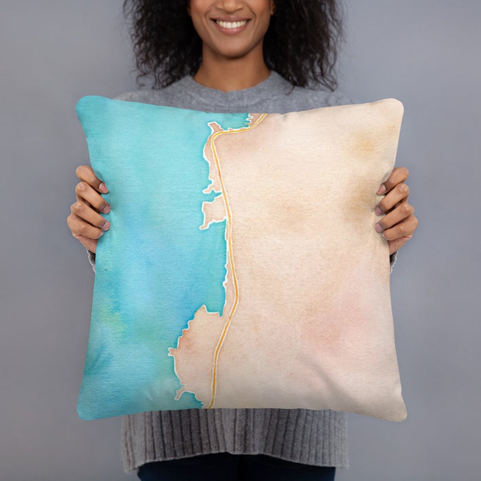 Person holding 18x18 Custom Depoe Bay Oregon Map Throw Pillow in Watercolor