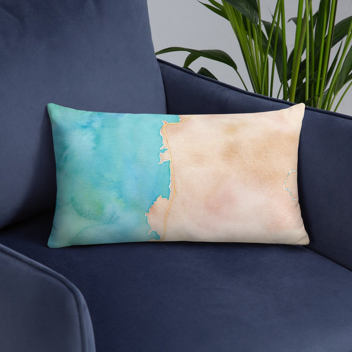 Custom Depoe Bay Oregon Map Throw Pillow in Watercolor on Blue Colored Chair