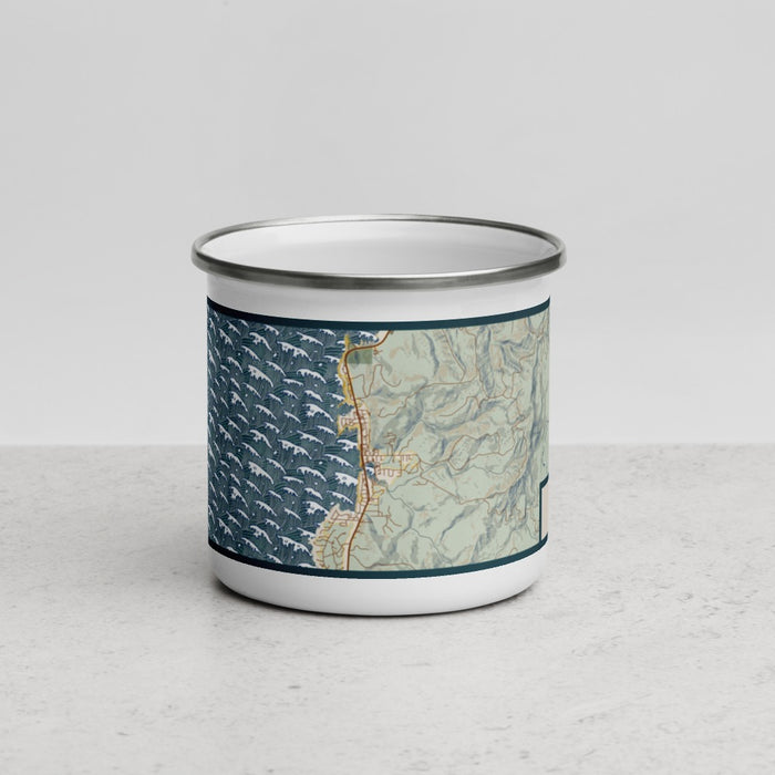Front View Custom Depoe Bay Oregon Map Enamel Mug in Woodblock
