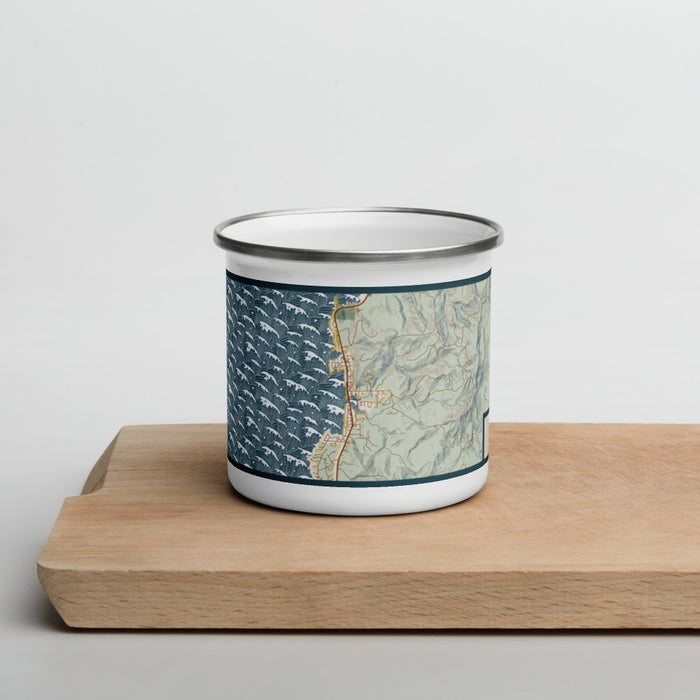 Front View Custom Depoe Bay Oregon Map Enamel Mug in Woodblock on Cutting Board