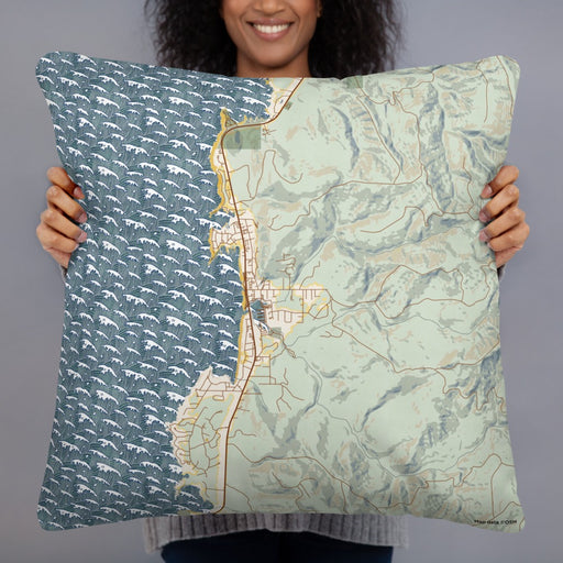 Person holding 22x22 Custom Depoe Bay Oregon Map Throw Pillow in Woodblock