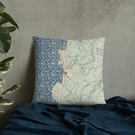 Custom Depoe Bay Oregon Map Throw Pillow in Woodblock on Bedding Against Wall