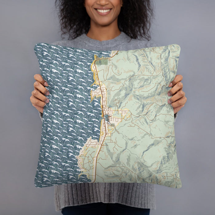 Person holding 18x18 Custom Depoe Bay Oregon Map Throw Pillow in Woodblock