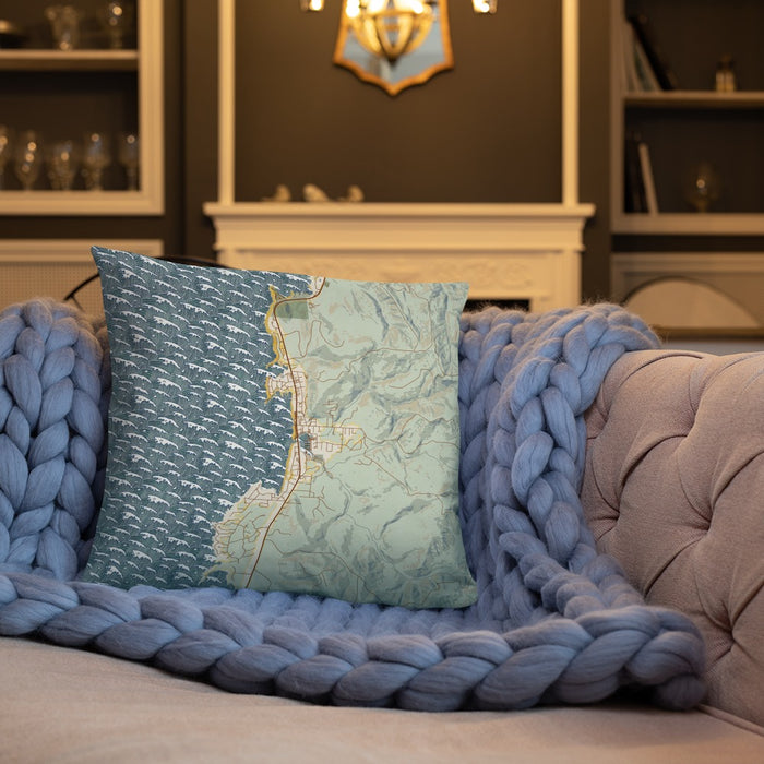 Custom Depoe Bay Oregon Map Throw Pillow in Woodblock on Cream Colored Couch