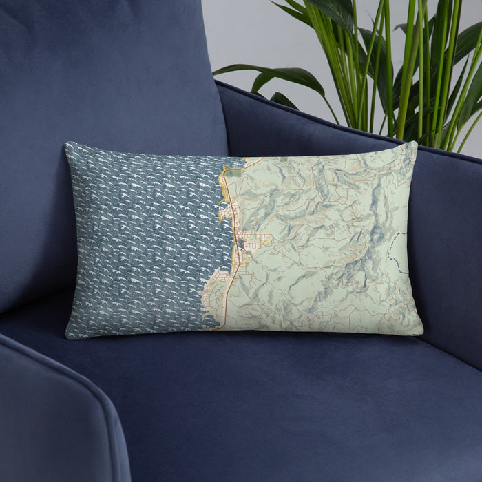 Custom Depoe Bay Oregon Map Throw Pillow in Woodblock on Blue Colored Chair