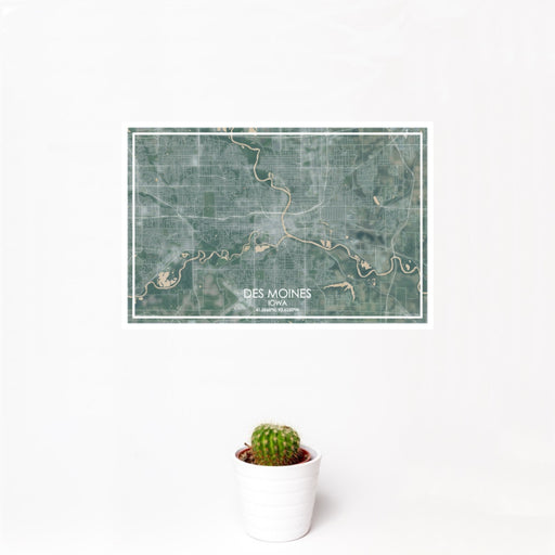 12x18 Des Moines Iowa Map Print Landscape Orientation in Afternoon Style With Small Cactus Plant in White Planter