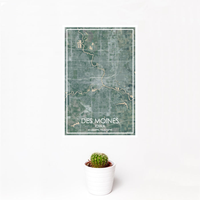 12x18 Des Moines Iowa Map Print Portrait Orientation in Afternoon Style With Small Cactus Plant in White Planter