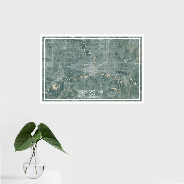 16x24 Des Moines Iowa Map Print Landscape Orientation in Afternoon Style With Tropical Plant Leaves in Water
