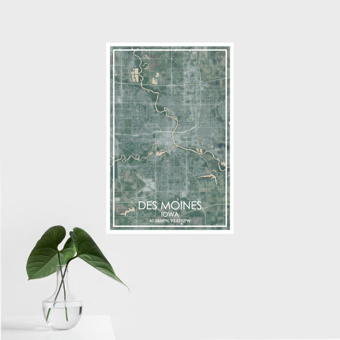 16x24 Des Moines Iowa Map Print Portrait Orientation in Afternoon Style With Tropical Plant Leaves in Water