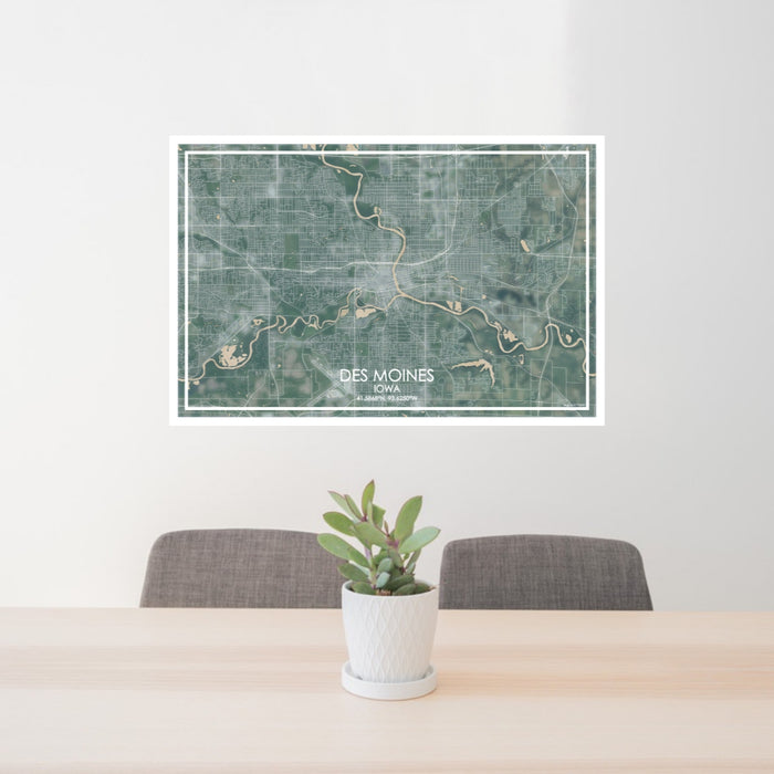 24x36 Des Moines Iowa Map Print Lanscape Orientation in Afternoon Style Behind 2 Chairs Table and Potted Plant