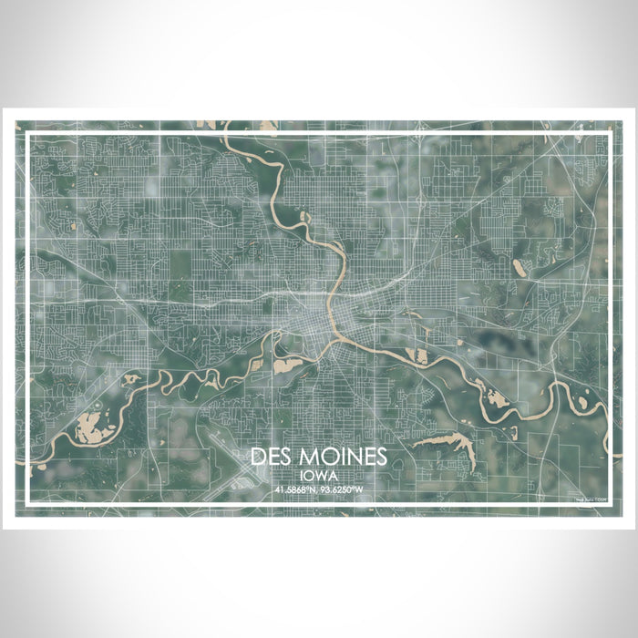 Des Moines Iowa Map Print Landscape Orientation in Afternoon Style With Shaded Background