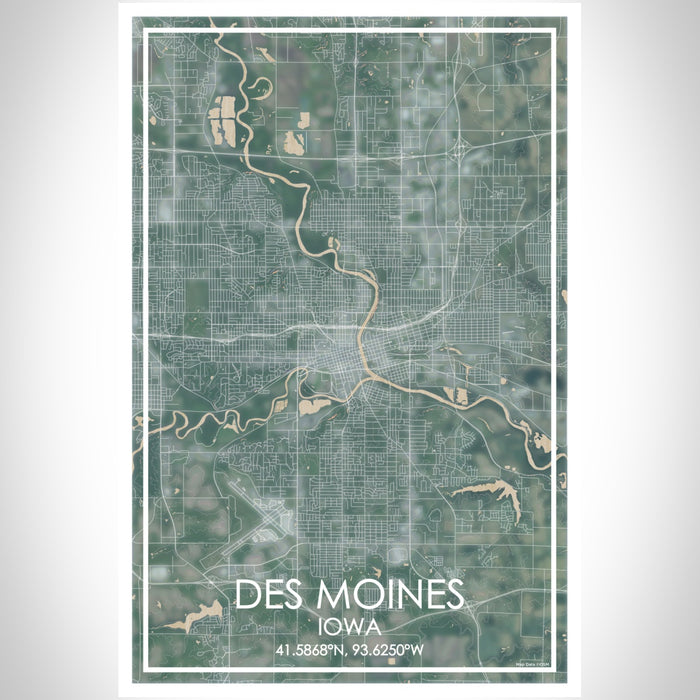 Des Moines Iowa Map Print Portrait Orientation in Afternoon Style With Shaded Background