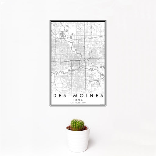 12x18 Des Moines Iowa Map Print Portrait Orientation in Classic Style With Small Cactus Plant in White Planter
