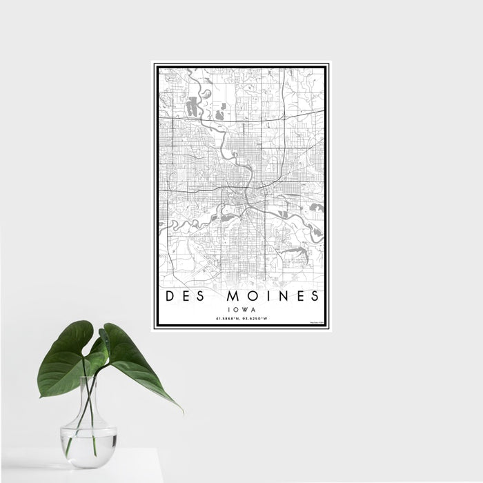 16x24 Des Moines Iowa Map Print Portrait Orientation in Classic Style With Tropical Plant Leaves in Water