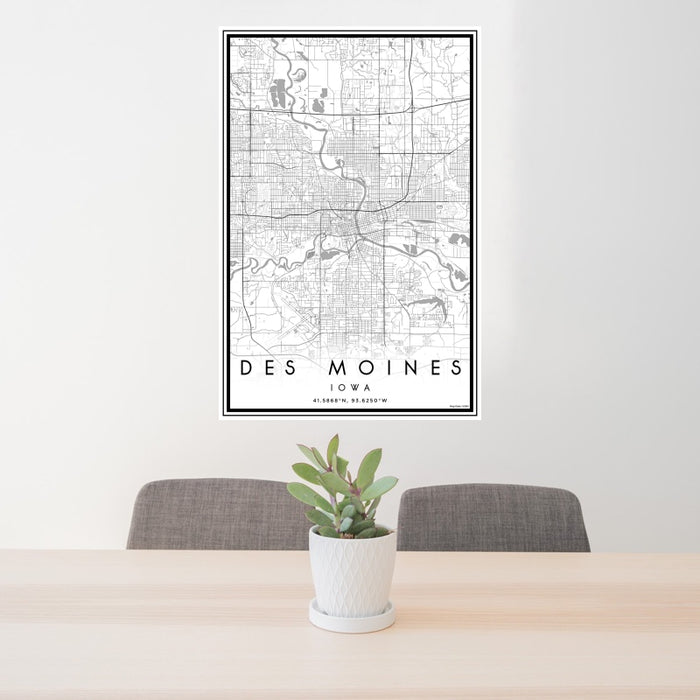 24x36 Des Moines Iowa Map Print Portrait Orientation in Classic Style Behind 2 Chairs Table and Potted Plant