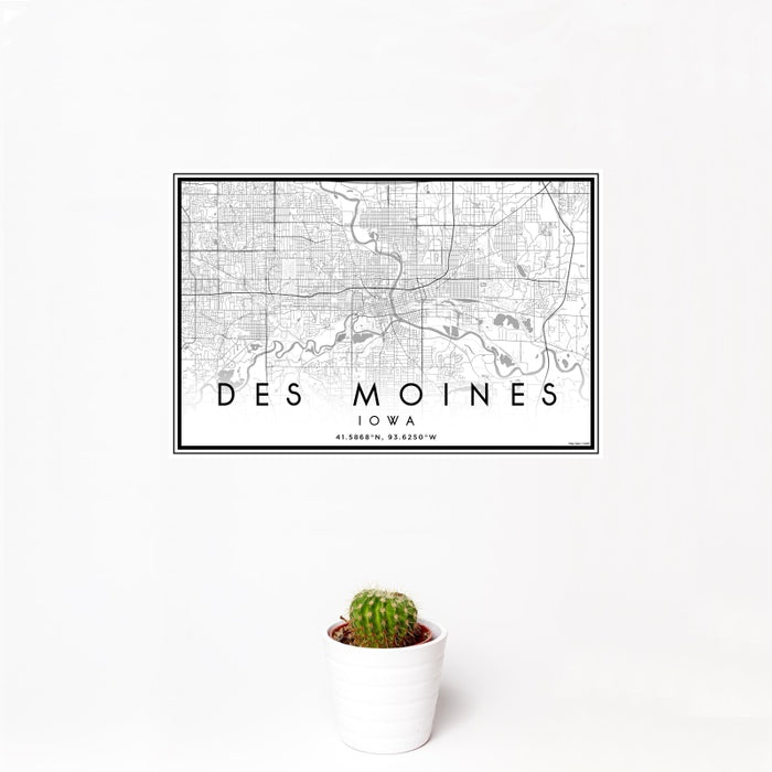 12x18 Des Moines Iowa Map Print Landscape Orientation in Classic Style With Small Cactus Plant in White Planter