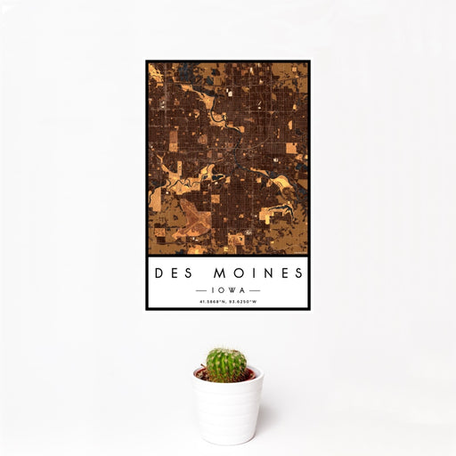 12x18 Des Moines Iowa Map Print Portrait Orientation in Ember Style With Small Cactus Plant in White Planter