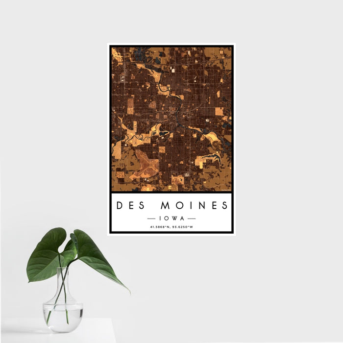 16x24 Des Moines Iowa Map Print Portrait Orientation in Ember Style With Tropical Plant Leaves in Water