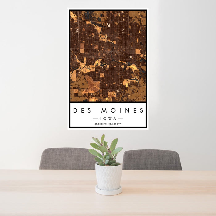 24x36 Des Moines Iowa Map Print Portrait Orientation in Ember Style Behind 2 Chairs Table and Potted Plant