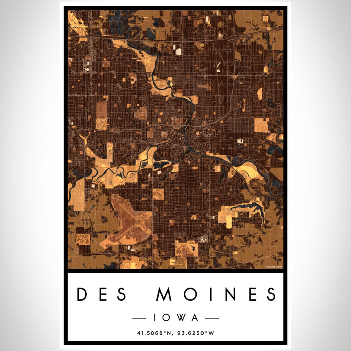 Des Moines Iowa Map Print Portrait Orientation in Ember Style With Shaded Background