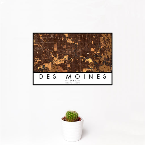 12x18 Des Moines Iowa Map Print Landscape Orientation in Ember Style With Small Cactus Plant in White Planter