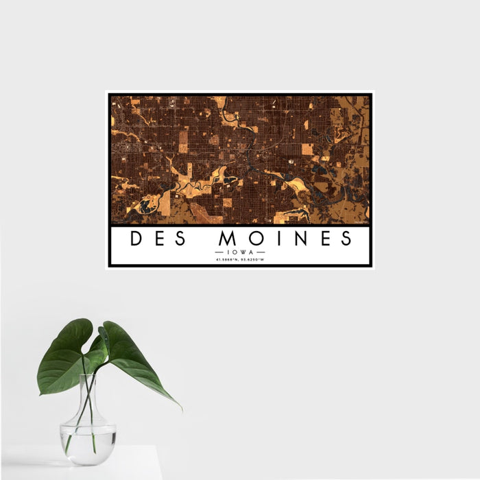 16x24 Des Moines Iowa Map Print Landscape Orientation in Ember Style With Tropical Plant Leaves in Water
