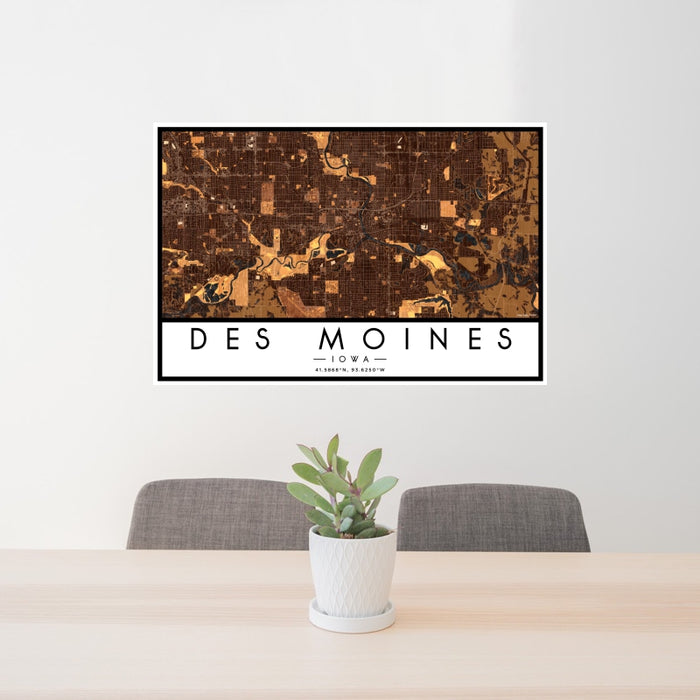 24x36 Des Moines Iowa Map Print Landscape Orientation in Ember Style Behind 2 Chairs Table and Potted Plant