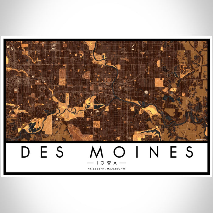 Des Moines Iowa Map Print Landscape Orientation in Ember Style With Shaded Background