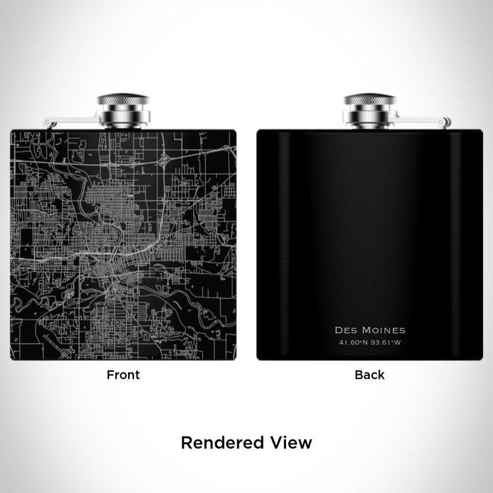 Rendered View of Des Moines Iowa Map Engraving on 6oz Stainless Steel Flask in Black